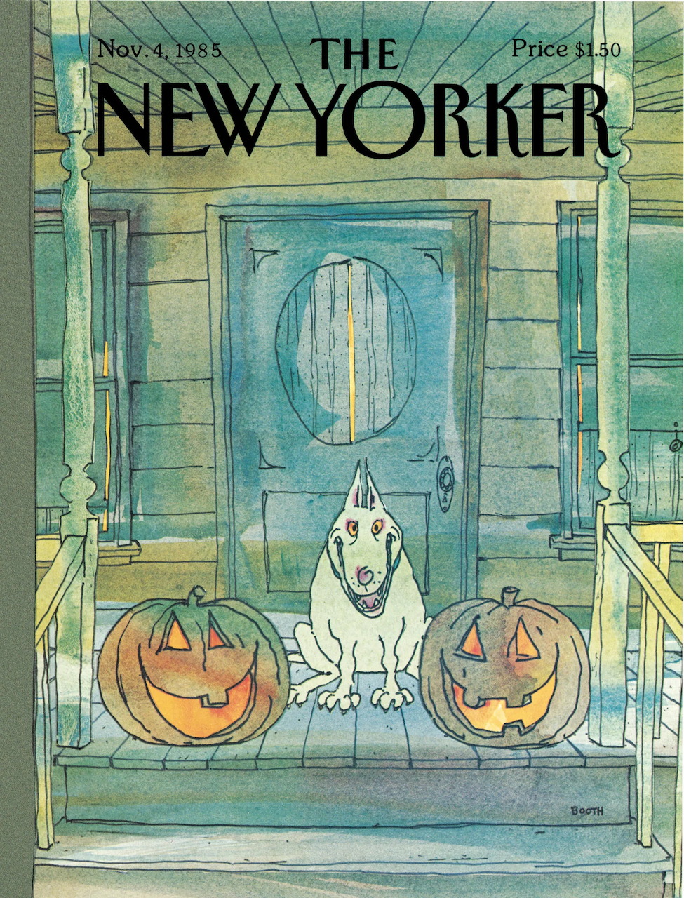 New Yorker magazine cover showing a white dog flanked by glowing jack-o'-lanterns on a porch