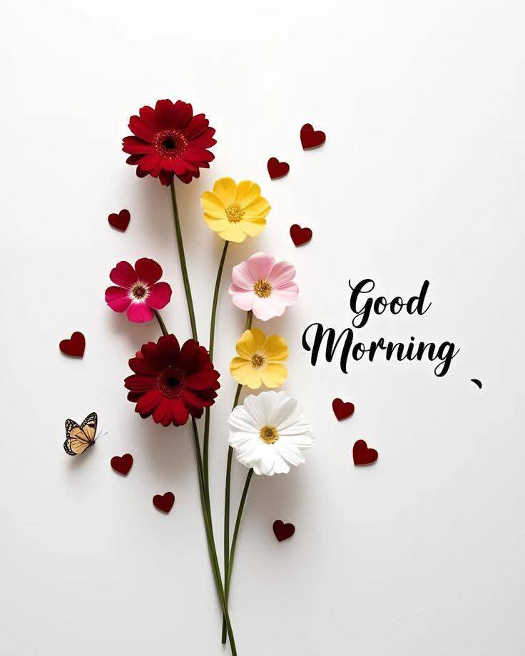 Colorful flowers arranged vertically with small hearts and a butterfly on white background with Good Morning text