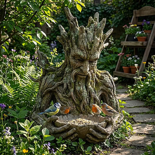 Tree spirit garden statue surrounded by plants with small birds perched in its hands