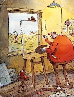 Painter in red shirt sitting at easel painting landscape through window, warm yellow interior with art supplies on floor