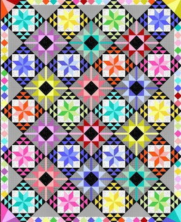 Colorful geometric quilt with repeating square and diamond blocks in bright colors