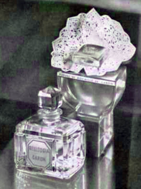 Two glass perfume bottles in a black-and-white still life on a reflective surface