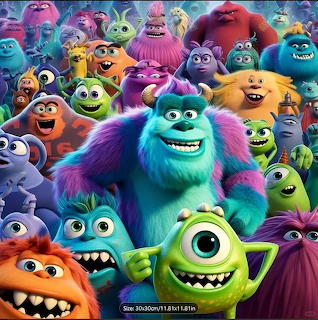 Large group of colorful animated monsters including furry blue Sulley and green one-eyed Mike Wazowski from Monsters Inc