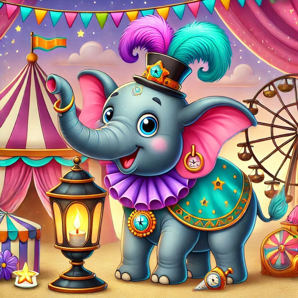 Cartoon elephant in purple and teal circus costume with decorative hat and carnival background