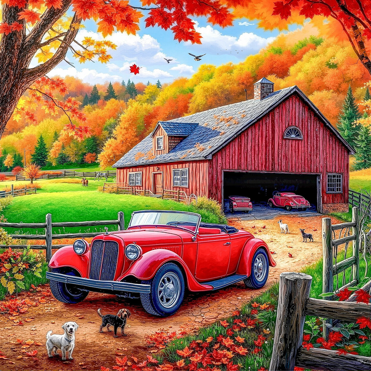 Red vintage convertible car in front of a red barn surrounded by autumn trees and a wooden fence