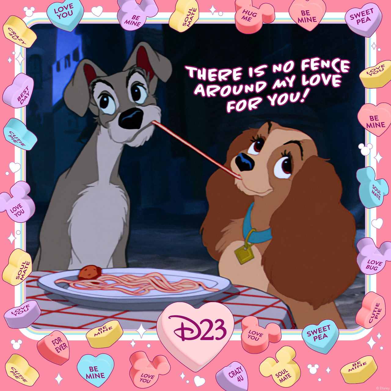Lady and Tramp dogs sharing spaghetti dinner with Valentine candy hearts frame