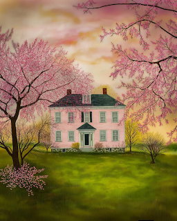 White colonial house surrounded by pink cherry blossom trees on a green lawn at sunset