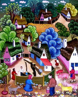 Colorful naive folk art painting depicting a village with houses, people, animals, and lush trees on a hillside