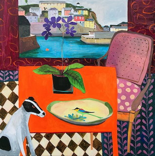 Naive art painting of interior with dog by orange table, pink chair, potted plant, and harbor view