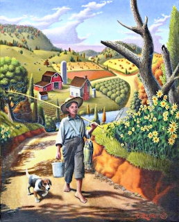 Painting of a boy with a dog walking down a country path carrying a bucket, with farms and rolling hills behind