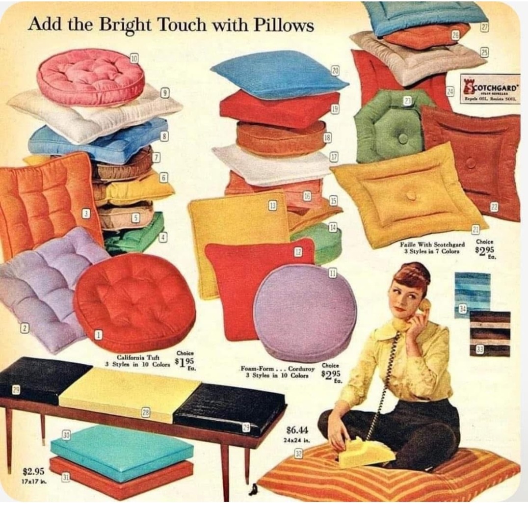 Vintage ad illustration with colorful cushions, pillows, and a seated woman