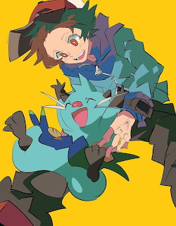 Anime trainer hugging Tapu Koko Pokemon character on yellow background