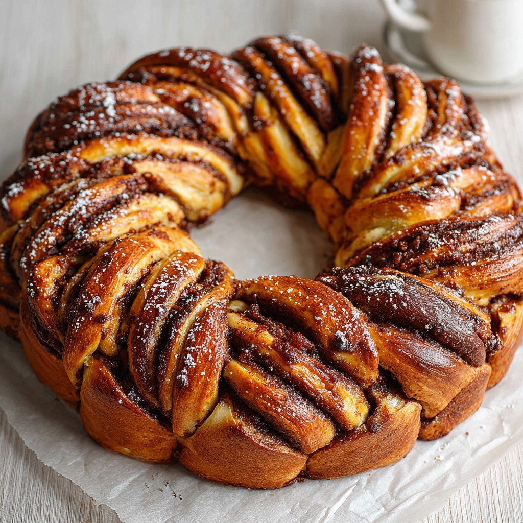 Braided cinnamon pastry wreath dusted with powdered sugar on white parchment