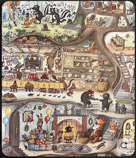 Detailed cartoon illustration of woodland animals in cross-section underground burrows with kitchen and living areas