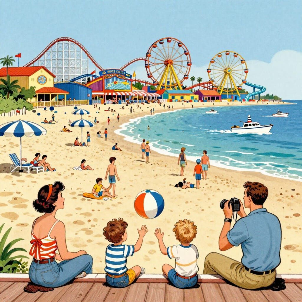 Family viewing beach boardwalk amusement park with roller coaster, Ferris wheels, people on sand, and ocean boats
