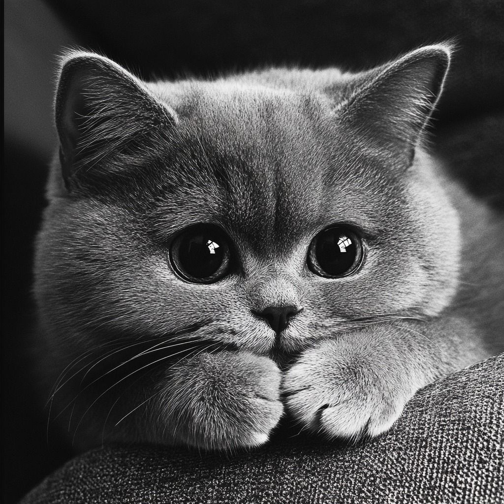 Close-up black and white photo of a fluffy kitten with big eyes and paws resting on fabric