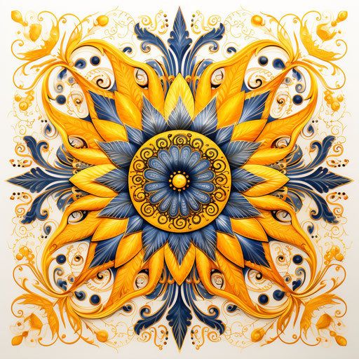 Symmetrical mandala with yellow and blue petals and ornate center circle