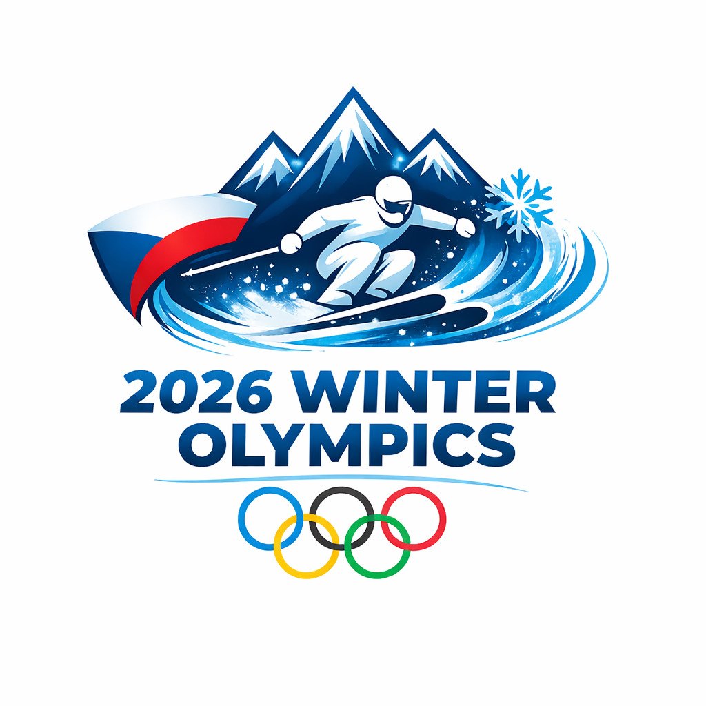 2026 Winter Olympics logo with skier, mountains, and Olympic rings on white background