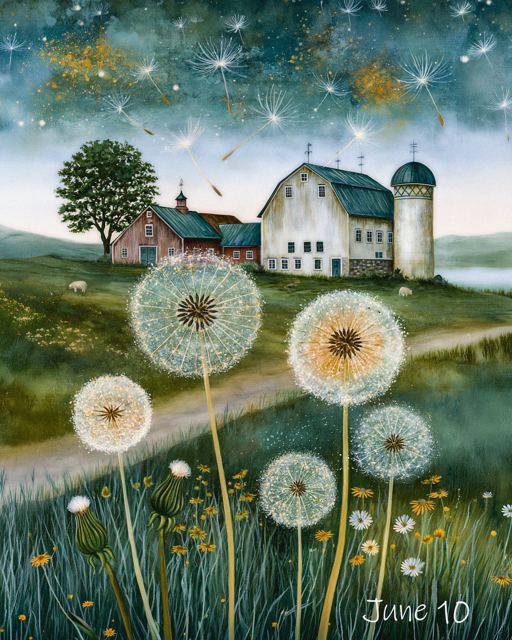Painting of a farmhouse with giant dandelions, wildflowers, and a starry sky