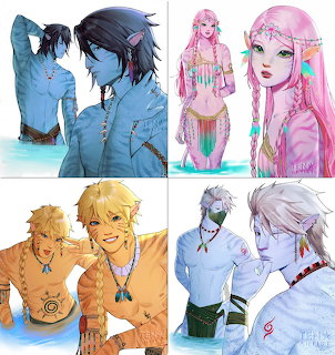 Four-panel collage of anime character pairs in blue, pink, yellow, and white color schemes