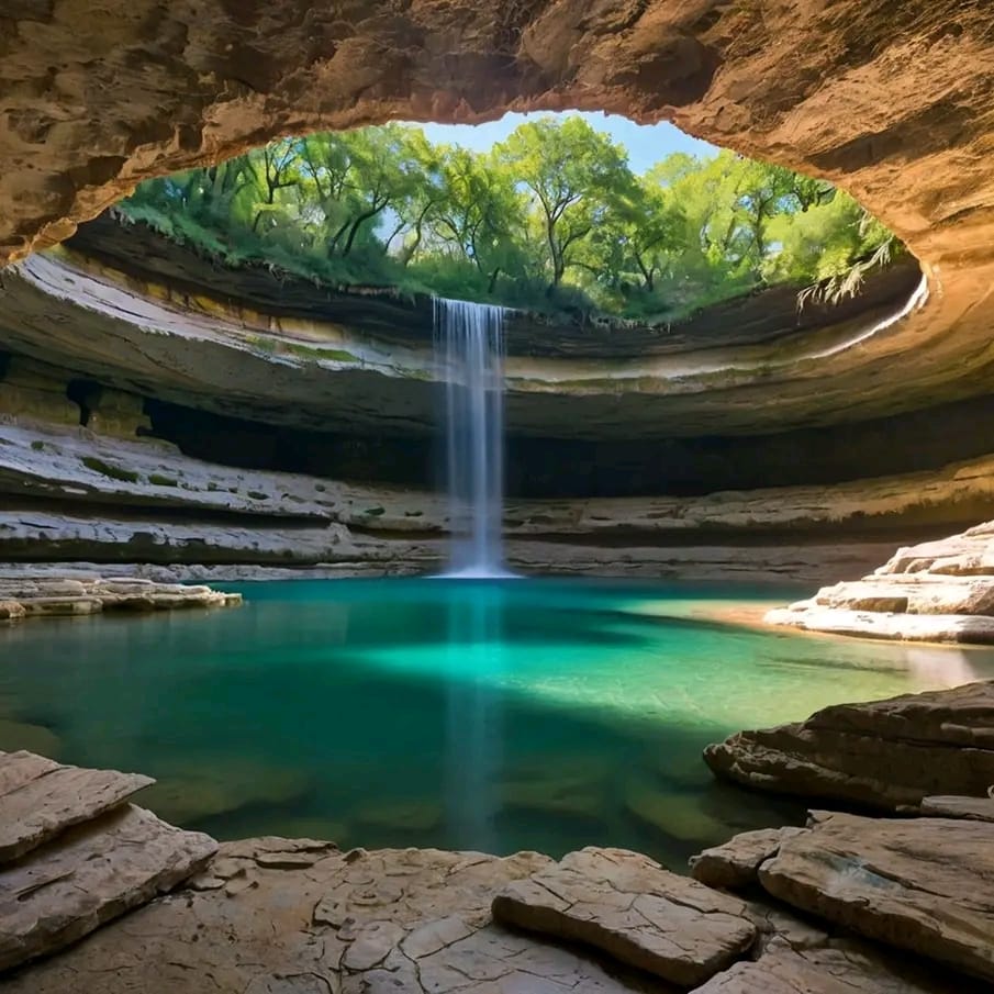 Waterfall dropping into a turquoise pool beneath a rocky cave opening with trees above