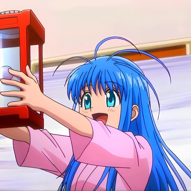 Anime girl with long blue hair and blue eyes in pink clothing holding a red box