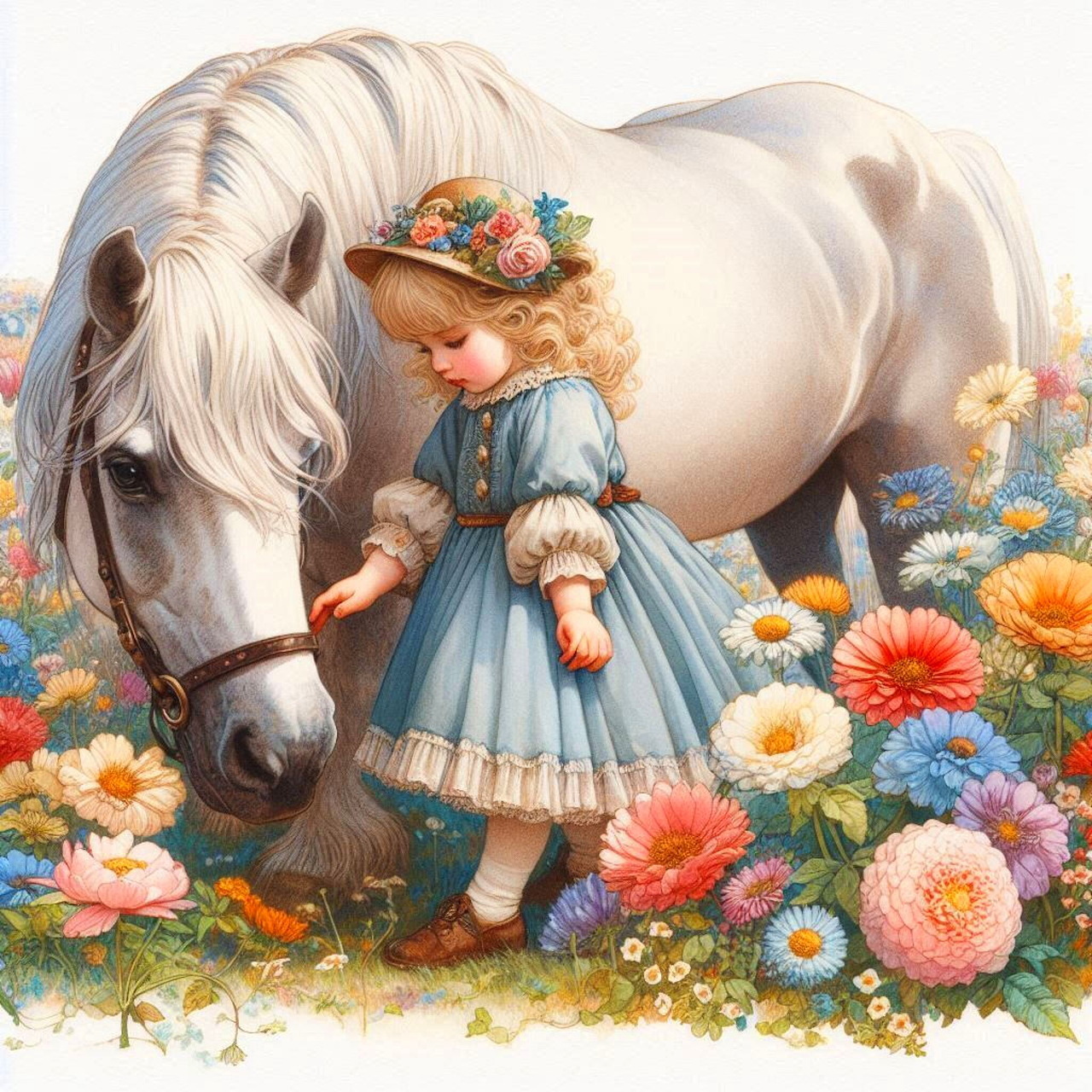 Young girl in blue dress with white horse among colorful flowers in sunny field