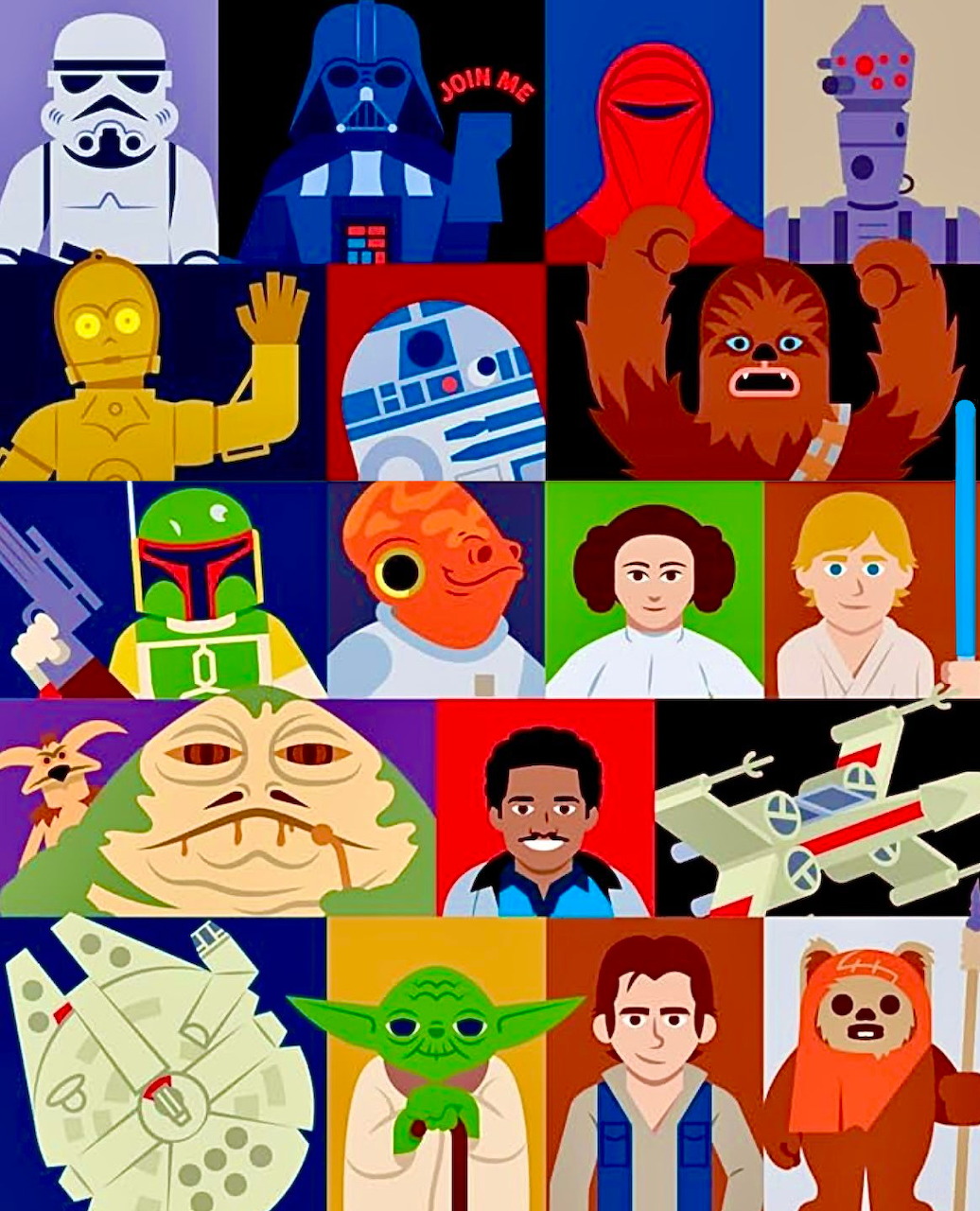 Colorful illustration collage of Star Wars characters in a grid layout