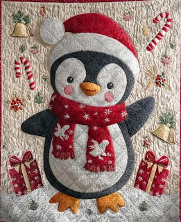 Cute quilted penguin in Santa hat and red scarf with Christmas decorations