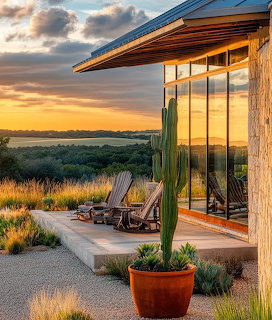 Modern ranch house with large windows at sunset, deck chairs facing desert vista with colorful sky