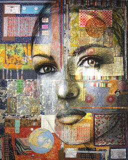 Mixed media collage portrait of a woman's face layered with colorful geometric patterns, maps, and vintage elements