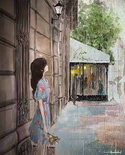Girl Standing in Rain by Cafe