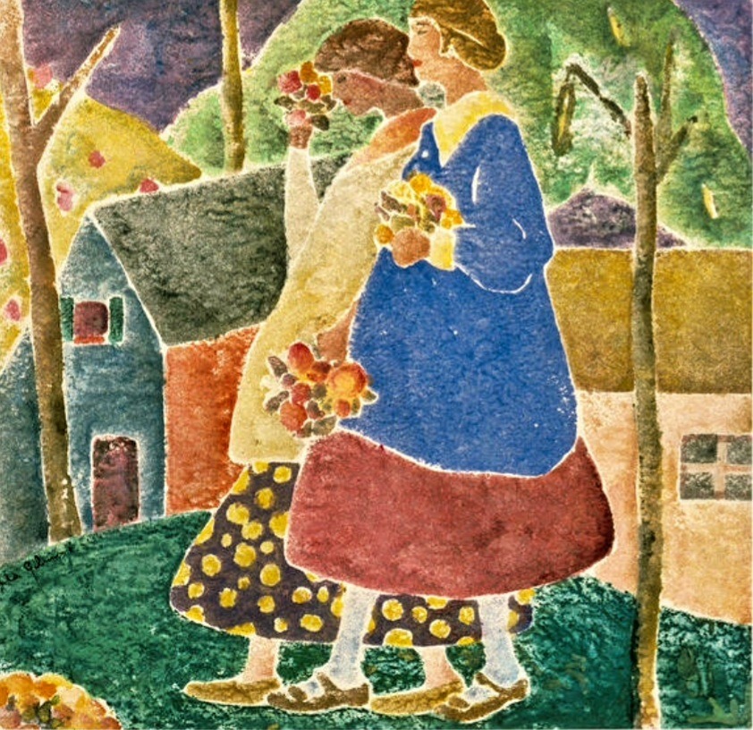 Folk art painting of two women with flower bouquets in a village setting
