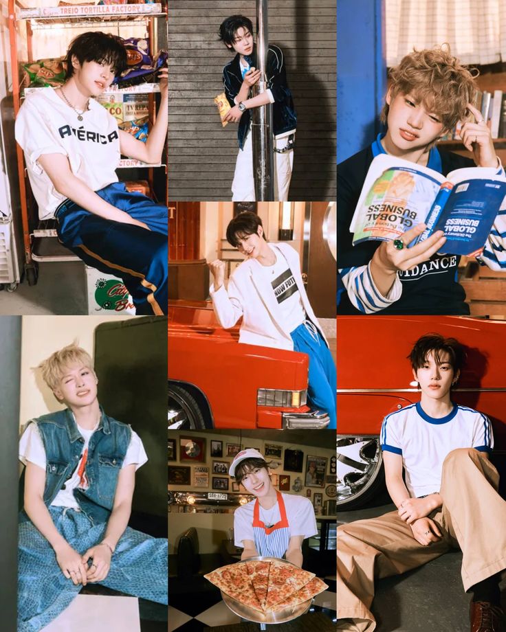 Collage of six photos of young male K-pop group members in casual retro outfits posing indoors