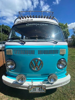Front view of a turquoise VW Type 2 camper van with Westfalia roof rack on green grass