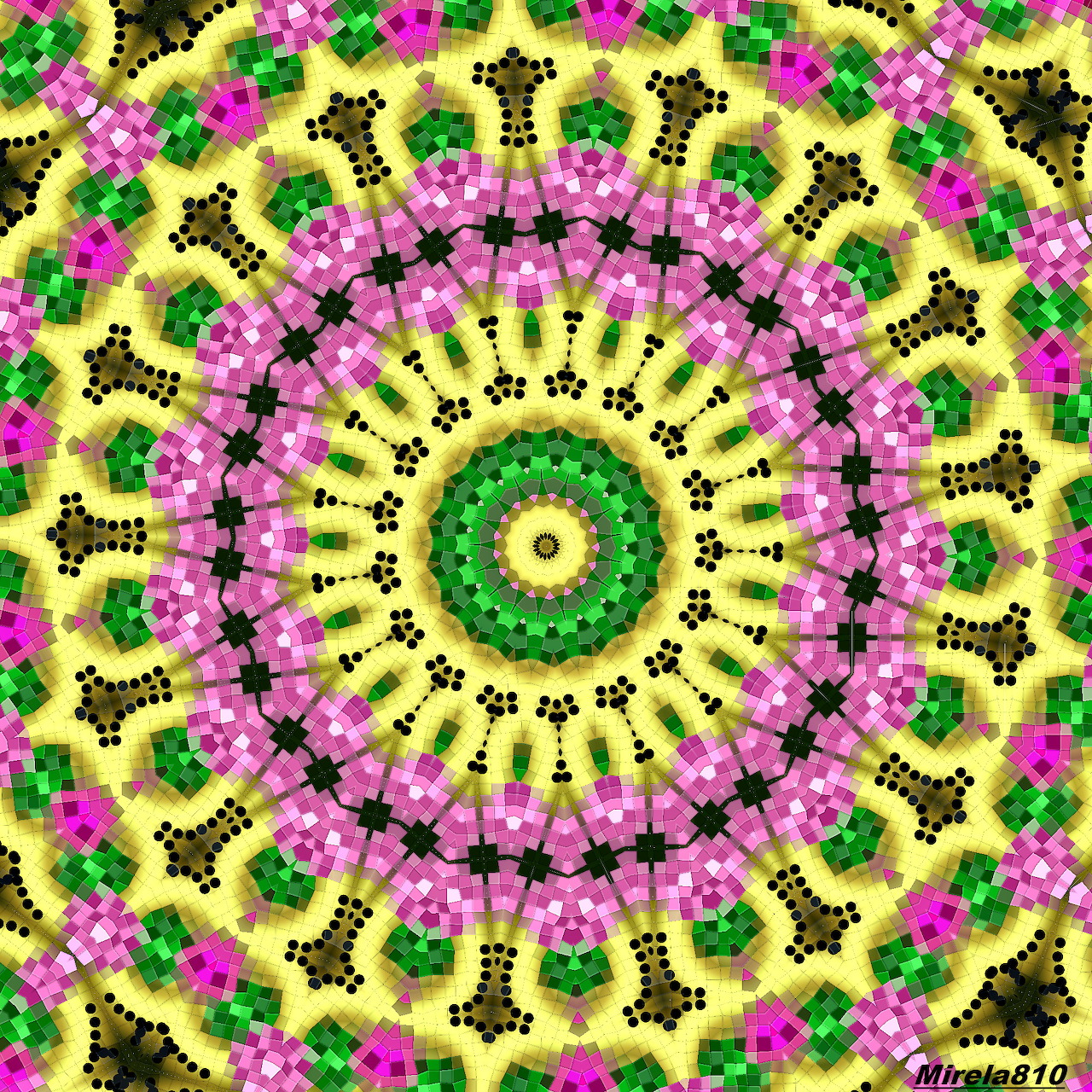Colorful mandala with pink flowers and green leaves in symmetrical circular pattern on yellow background