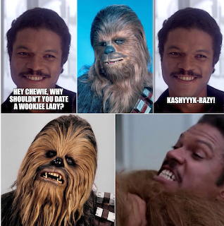 Five-panel meme collage with Chewbacca and a smiling mustached man, plus white caption text