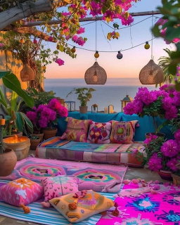 Colorful bohemian terrace with pink flowers, patterned cushions, and sea view at sunset