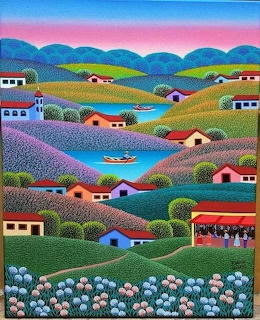 Colorful folk art painting of village with houses, fields, river, and mountains at sunrise