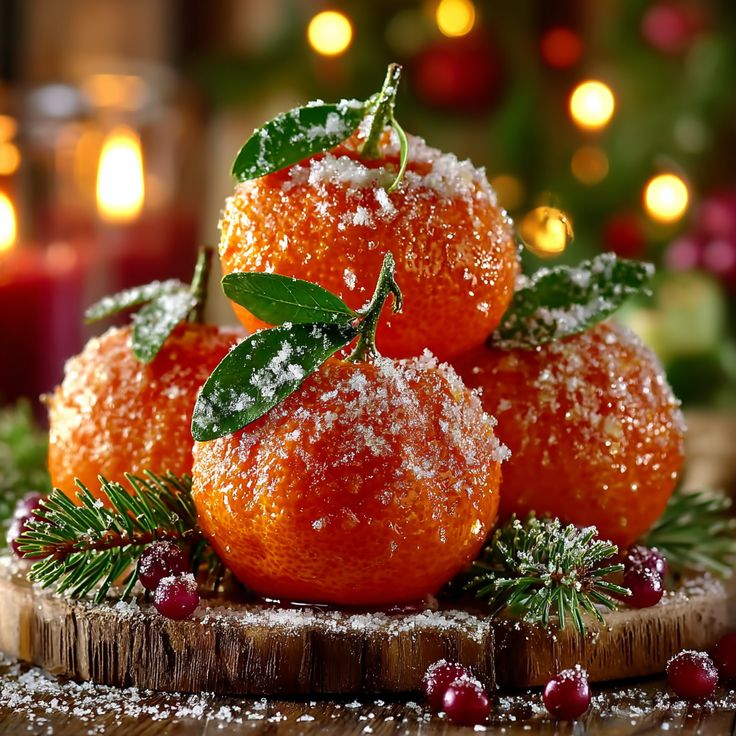 Stack of sugar-coated oranges decorated with pine sprigs on wooden base with candles