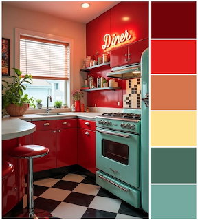 Retro kitchen with red cabinets, mint green vintage stove, checkered floor, and neon Diner sign with color swatches