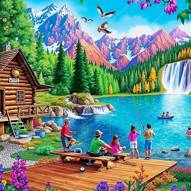 Colorful painting of people fishing on a dock by a cabin with a lake, waterfall, and mountains