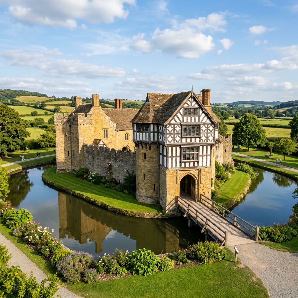 Medieval castle with timber facade, moat, bridge, and green countryside