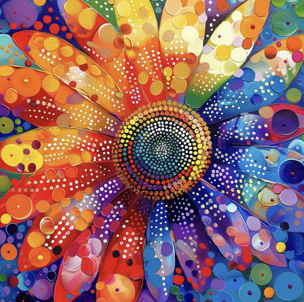 Colorful abstract mandala flower with rainbow petals and decorative dots on gradient background