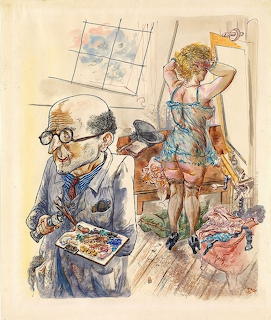 George Grosz watercolor of bald man with palette and woman posing in artist studio