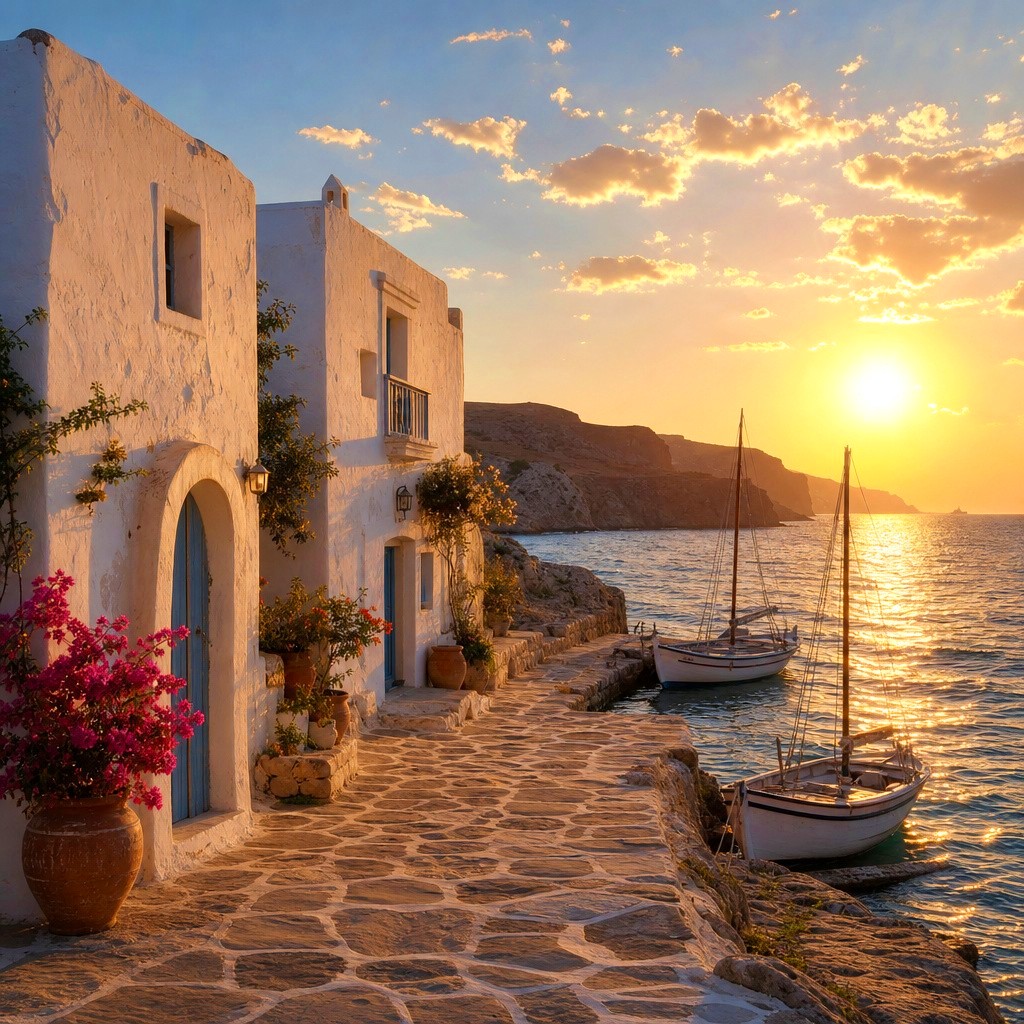 White seaside houses and boats along a stone path at sunset by the sea