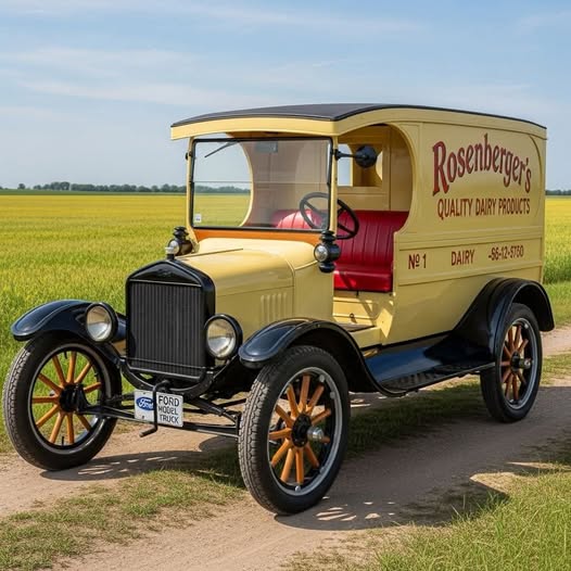 Antique 1915 Ford Model T milk truck on a dirt road in the countryside