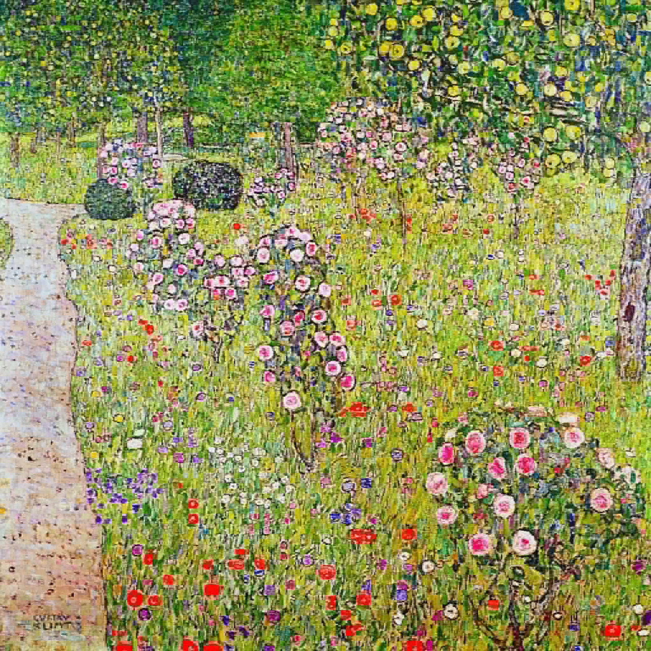 Klimt painting of garden orchard with roses and flowering trees in green, pink, and yellow pointillist style