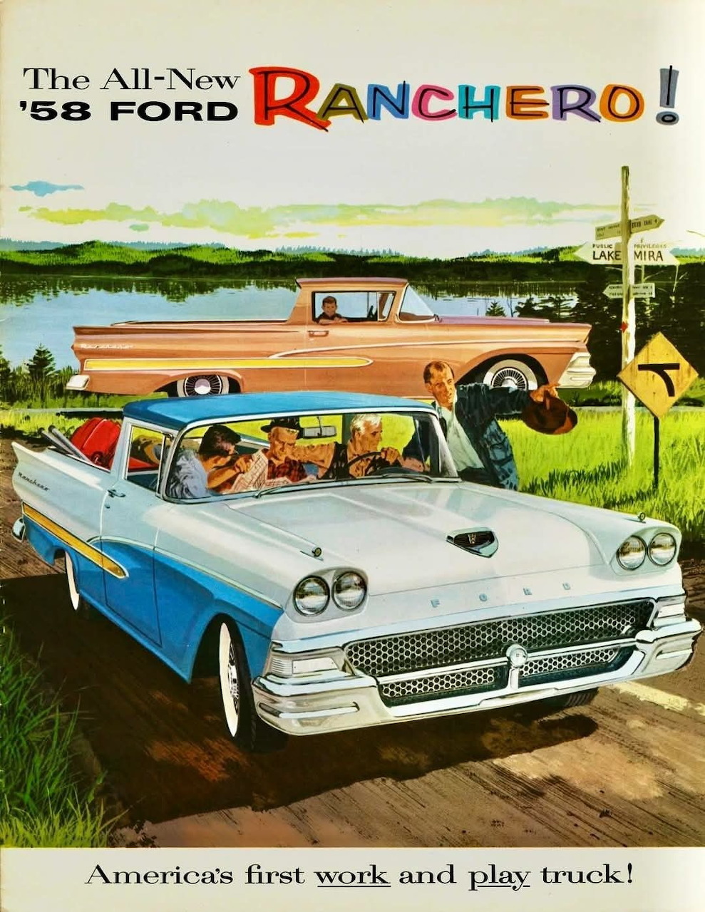 Vintage illustration of a 1958 Ford Ranchero and another two-tone car on a country road near a lake