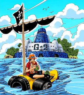 Anime boy in straw hat on tire raft sailing toward island with pirate flag and fortress under cloudy sky